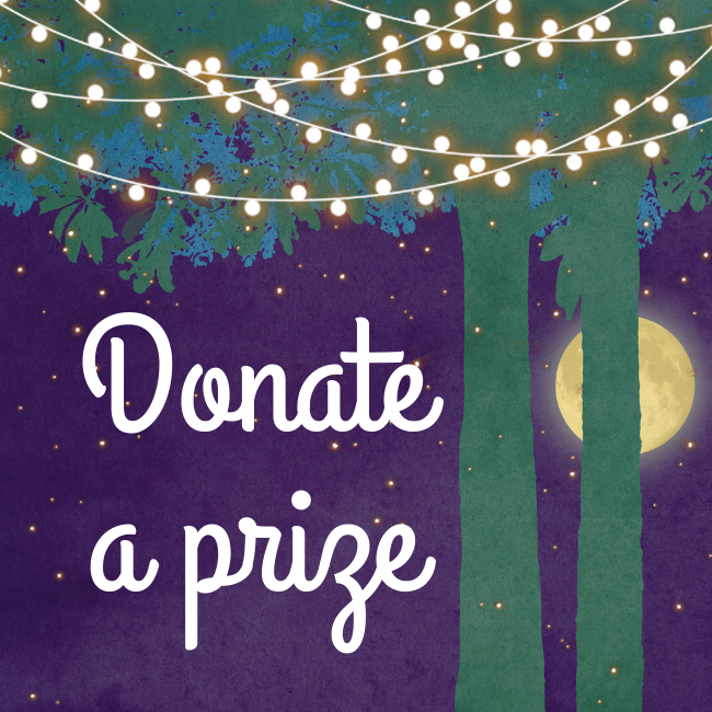 Image depicting the wording Donate a prize in a cursive script, featuring a purple background with trees and hanging lights