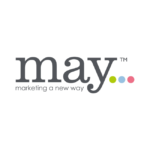 Square logo for May Marketing showing elegant lettering spelling the words 'may... marketing a new way' followed by three dots in pastel shades of green, blue and pink.