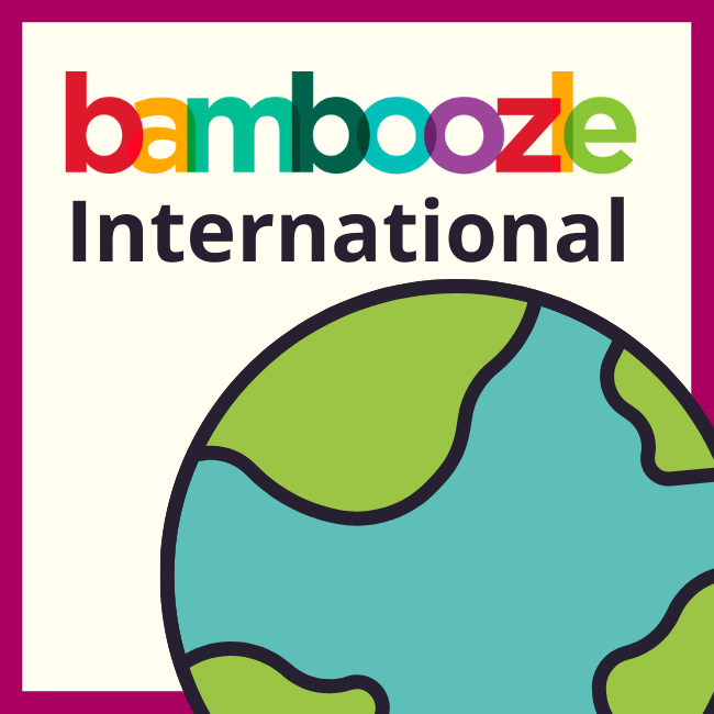 Visual showing text Bamboozle International with a blue and green globe illustration, surrounded by a dark pink border