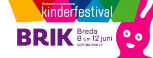 Visual for BRIK international children's festival 8th - 12th June 2022 featuring bring colours orange, pink, blue and green. With purple text and a smiling pink character with long ears.