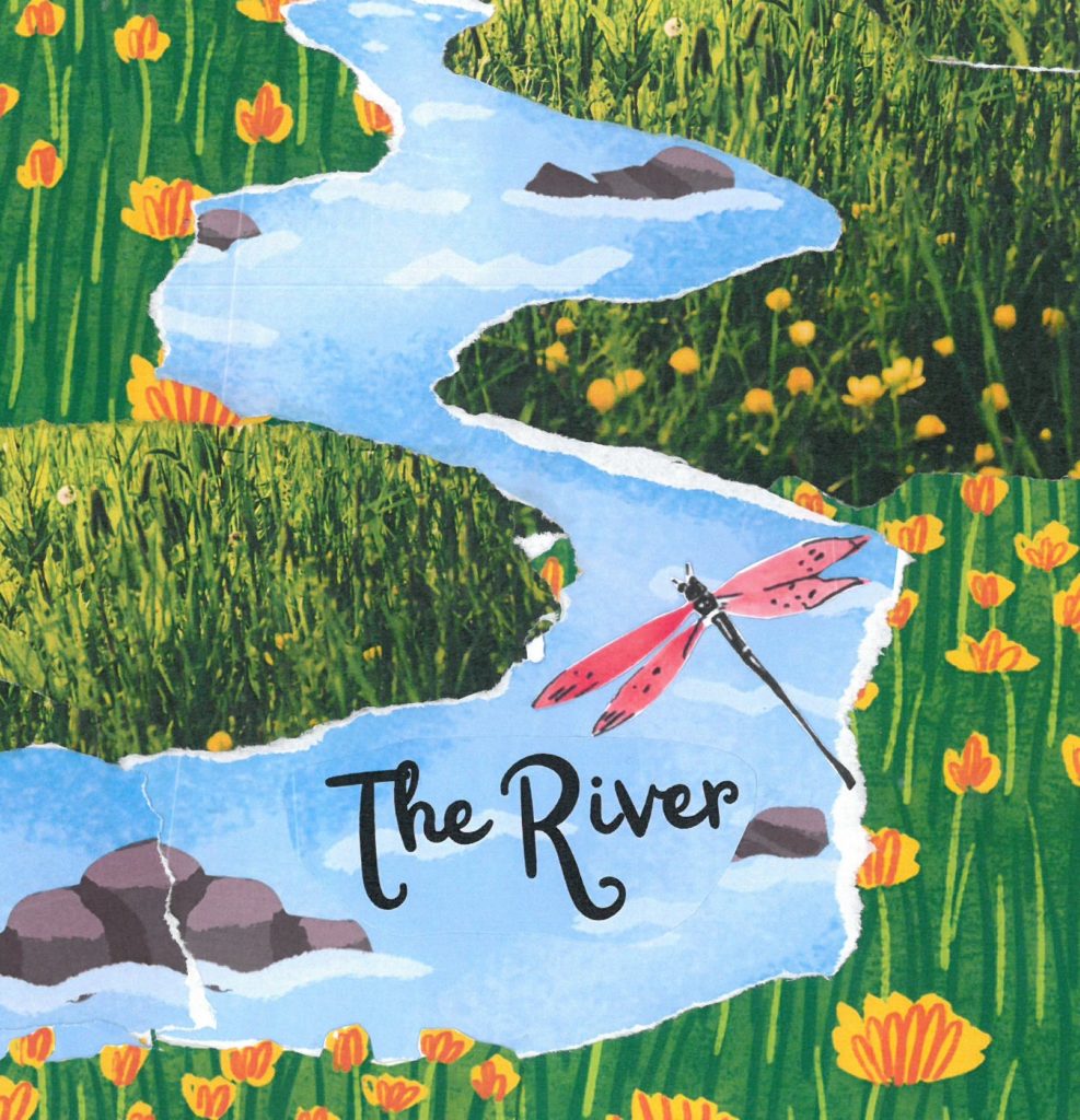 Shows a collage image with a blue river flowing through green meadow with orange flowers with a dragonfly hovering over the river