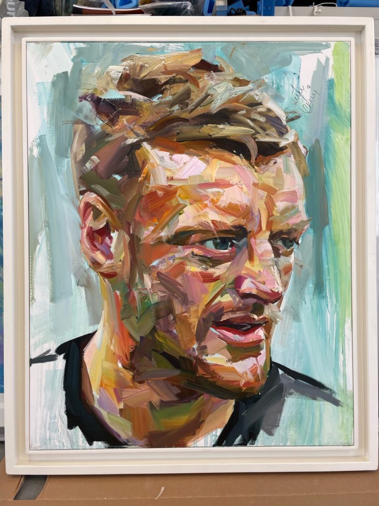 Image of artist Paul Wright's portrait of Jamie Vardy, signed by the footballer himself.