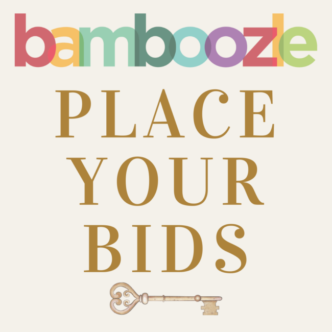A square image featuring the Bamboozle logo in multi-colour letters and golden text reading 'place your bids', underneath which sits an old fashioned key.