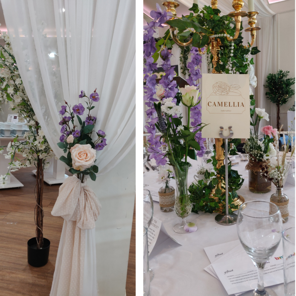 Images of floral table setting with a gold candelabra draped with ivy and purple wisteria, and a sheer curtain tied with peach lace and decorated with pink and purple roses 