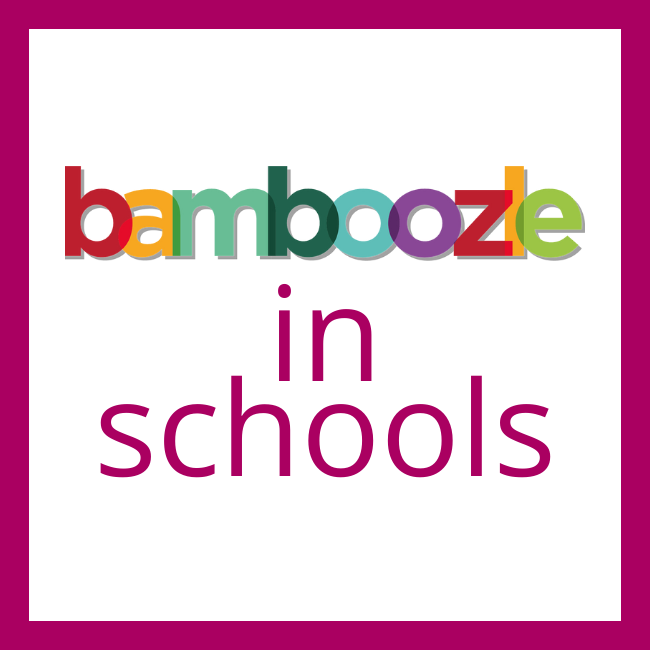 Pink bordered square containing wording Bamboozle in schools