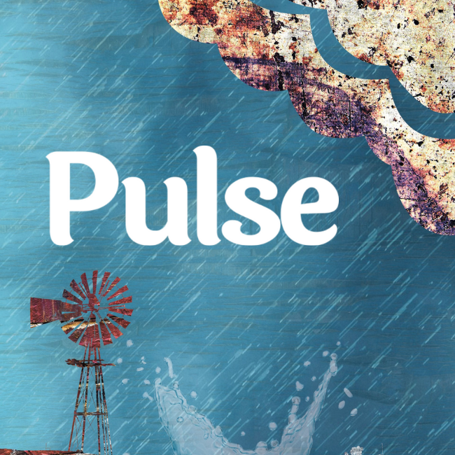 Image shows a blue sky with a dusty cloud and still wind turbine. The word 'Pulse' in a white font sits in the middle of the image.